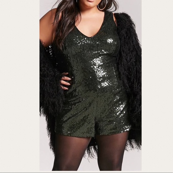 PLUS SIZE 1X 3X Forever 21 F21 Hunter Green Sequin Romper Jumpsuit - Picture 3 of 6
